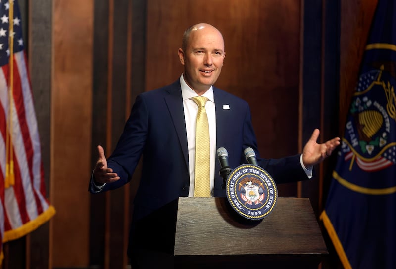 Gov. Spencer Cox speaks at the PBS Utah Governor’s Monthly News Conference at the Eccles Broadcast Center in Salt Lake City.