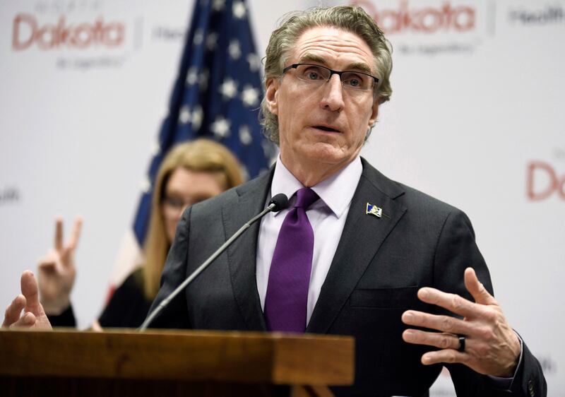 North Dakota Gov. Doug Burgum speaks at the state Capitol on April 10, 2020, in Bismarck.