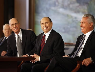 President Thomas S. Monson, center, First Counselor Henry B. Eyring, left, and Second Counselor Dieter F. Uchtdorf comprise the First Presidency of The Church of Jesus Christ of Latter-day Saints. They speak at a news conference in the LDS Church Office B
