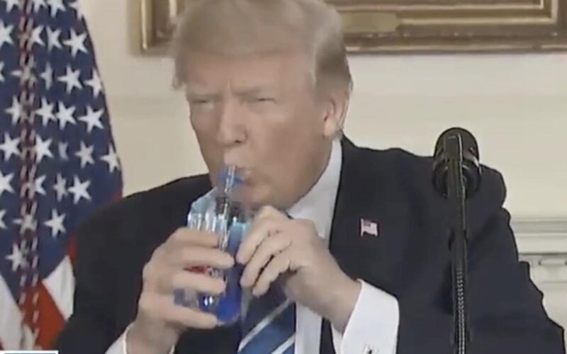 President Donald Trump became a meme once again on Wednesday when he stopped to take a sip of water in the middle of his speech.