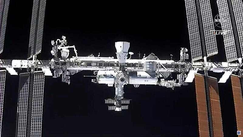The International Space Station, seen from the SpaceX Crew Dragon spacecraft,