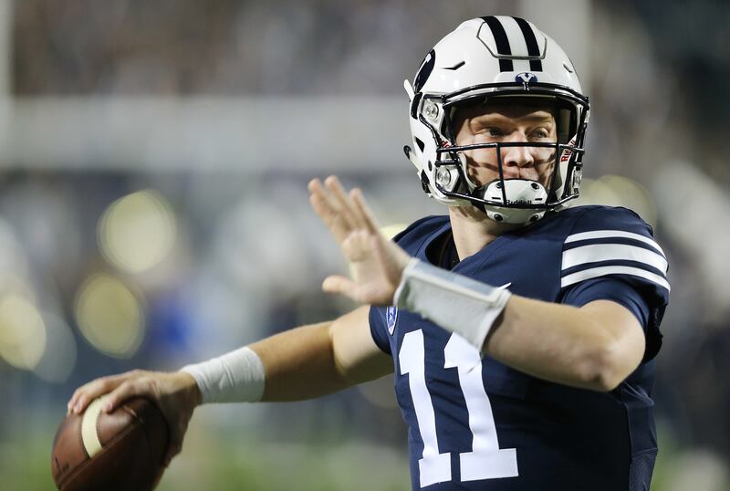 BYU quarterback Joe Critchlow (11) warms up in Provo on Friday, Oct. 6, 2017.