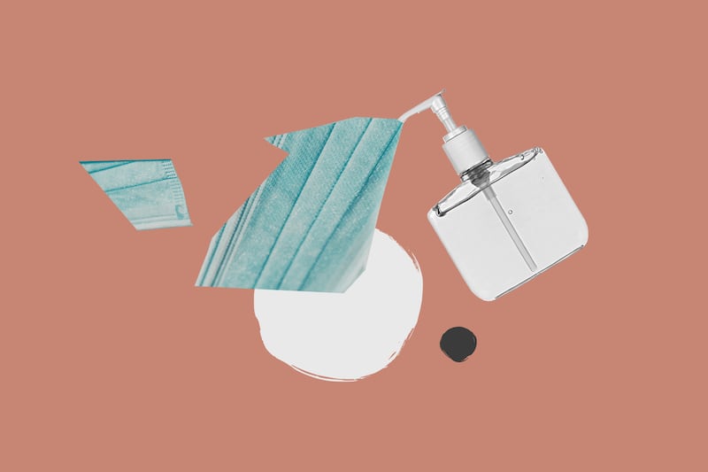 An illustration of a mask, sanitizer and COVID.