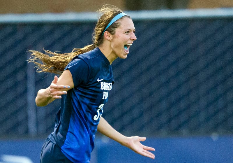 BYU forward Ashley Hatch celebrates her goal during an NCAA soccer game against San Francisco in Provo on Monday, Oct. 3, 2016.