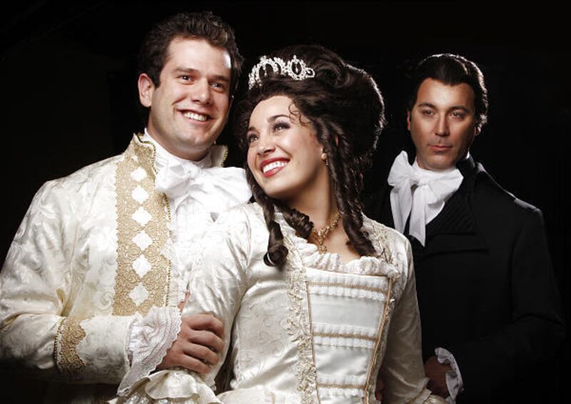 Kevin Goertzen as Percy, left, Megan Heaps as Marguerite and Brian Clark as Chauvelin in Hale Centre Theatre's audience-favorite production of "The Scarlet Pimpernel."