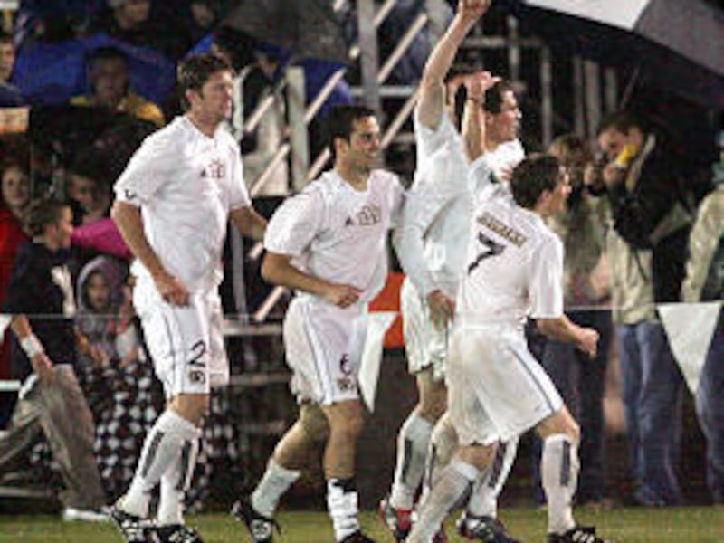 BYU's soccer team celebrates a goal during an exhibition game against Real Salt Lake's reserve team in April.