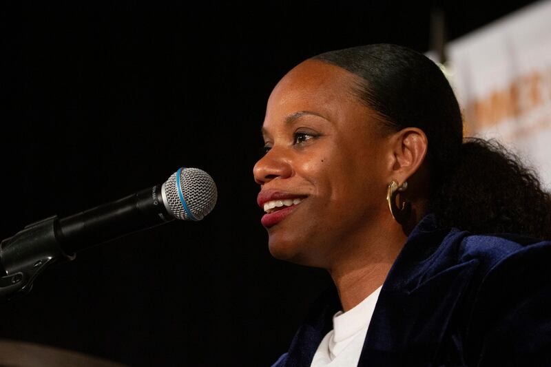 State Rep. Summer Lee speaks to supporters during a campaign stop.