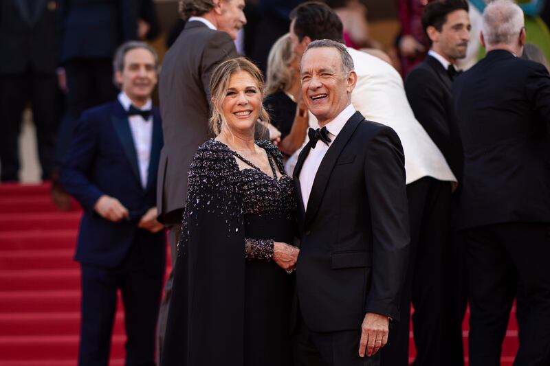 Rita Wilson and Tom Hanks pose for photographers upon arrival at the premiere of the film ‘Asteroid City’ at the 76th international film festival, Cannes, in southern France.