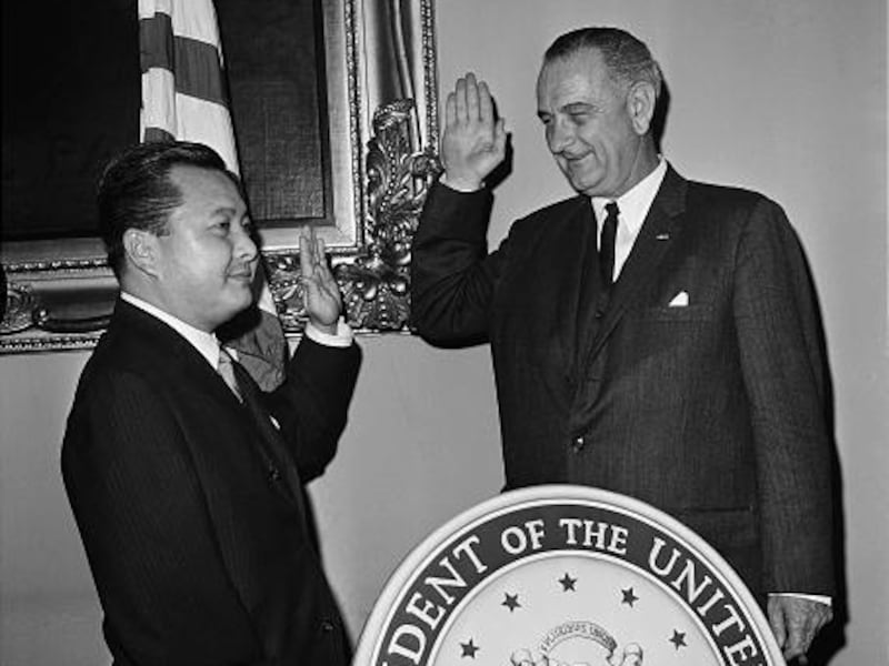Vice President Lyndon Johnson administers the oath of office to Sen. Daniel Inouye of Hawaii in a re-enactment of the ceremony in Washington, D.C., in 1963.