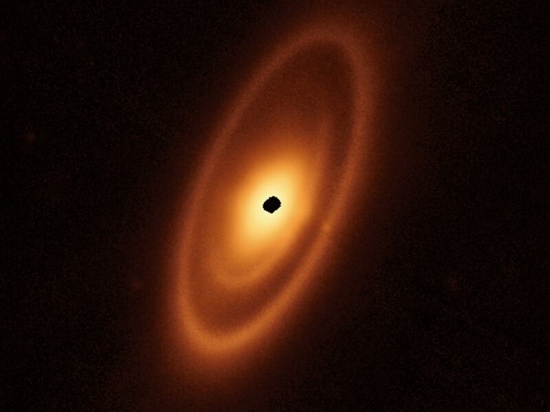 This image of the dusty debris disk surrounding the young star Fomalhaut is from Webb’s Mid-Infrared Instrument.