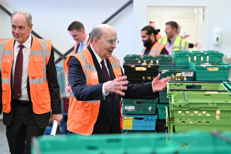 Elder Quentin L. Cook of the Quorum of the Twelve Apostles reacts to seeing the amount of fresh produce being sorted at The Felix Project in London, on Thursday, May 29, 2025.