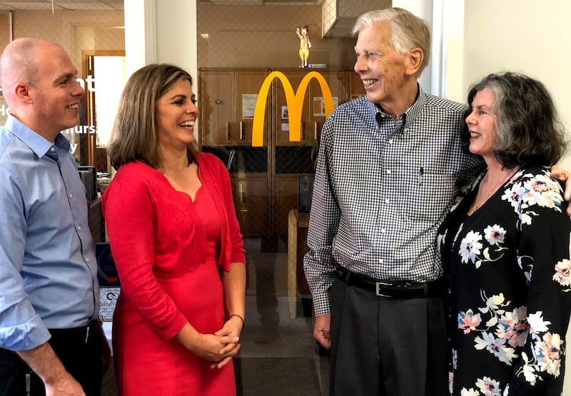 Clark Stringham, second from right, enjoys a laugh with son Brent, left, daughter Sherri and wife Barbara.