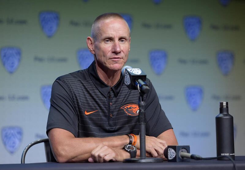 Oregon State head coach Gary Andersen speaks at the Pac-12 football media day, Wednesday, July 26, 2017, in the Hollywood section of Los Angeles.