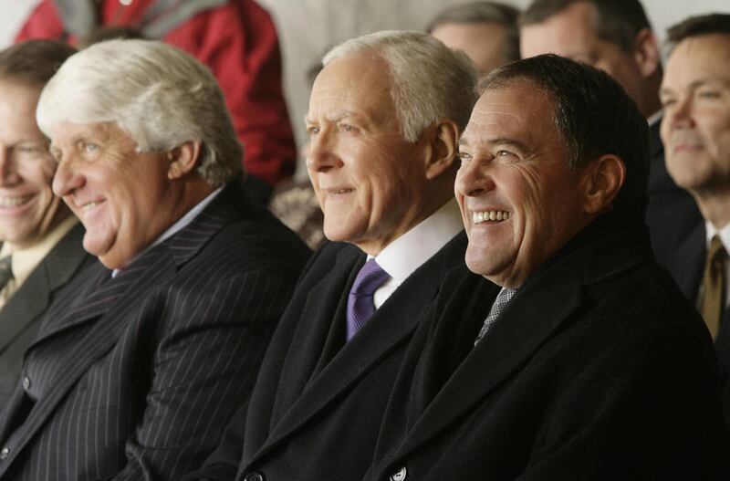 Utah Governor Gary Herbert, Sen. Orrin Hatch and Rep. Rob Bishop laugh at a remark during a groundbreaking ceremony to celebrate construction of the first Falcon Hill commerical building at Hill Air Force Base in Layton, Utah, Wednesday, Oct. 27, 2010.