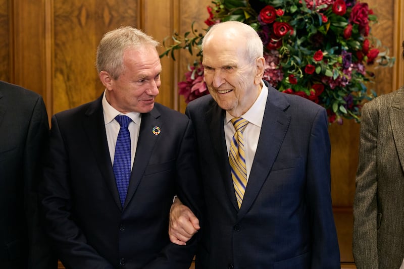 The president of the U.N. General Assembly, Csaba Korosi, meets with President Russell M. Nelson in Salt Lake City, Utah.