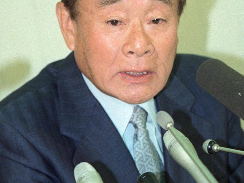 In this photo taken on Nov. 29, 1989, Masaharu Matsushita speaks at a press conference in Osaka, western Japan. Matsushita, the son-in-law of Panasonic’s founder and who helped lead the Japanese electronics company for half a century as it grew into a glo