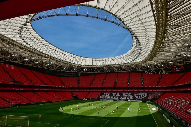 Athletic Club and Real Madrid play during their Spanish La Liga soccer match at the San Manes stadium, which is nearly empty, in Bilbao, Spain, on July 5, 2020.