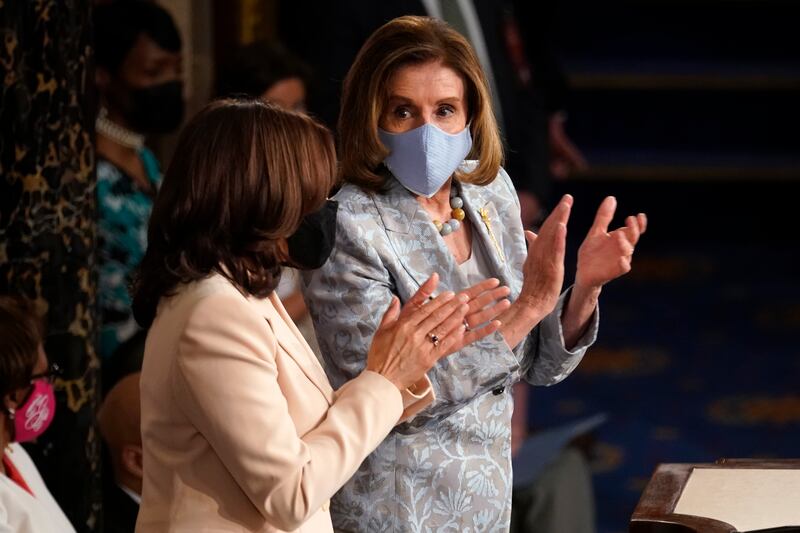 Vice President Kamala Harris and House Speaker Nancy Pelosi at a joint session of Congress.
