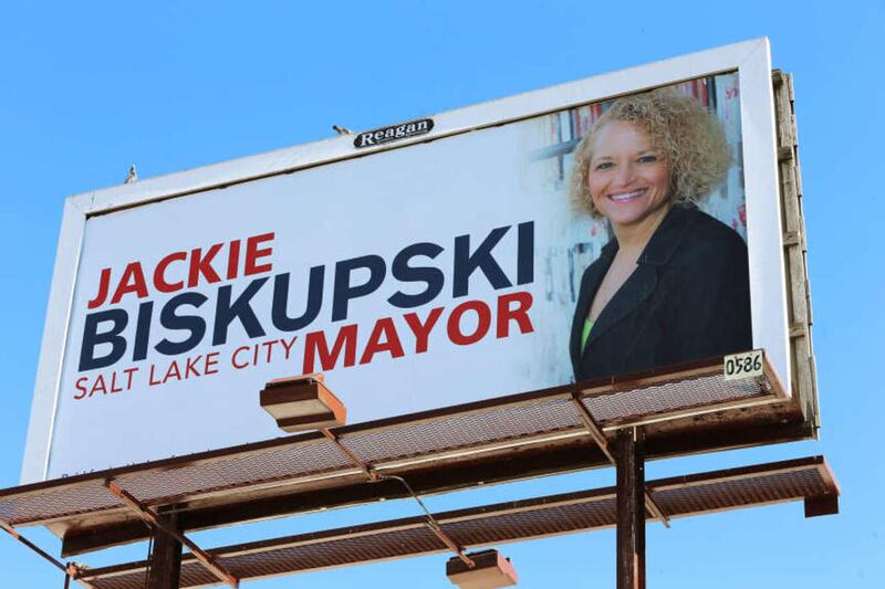 A Reagan billboard is advertising Jackie Biskupski Wednesday, July 15, 2015, for Salt Lake City Mayor.