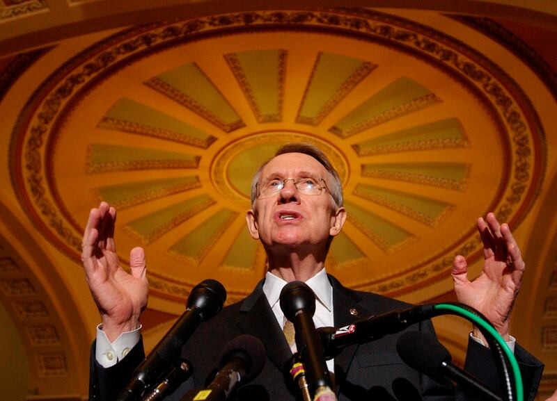 Senate Majority Leader Harry Reid of Nev., gestures during a news conference on Capitol Hill in Washington in 2007.