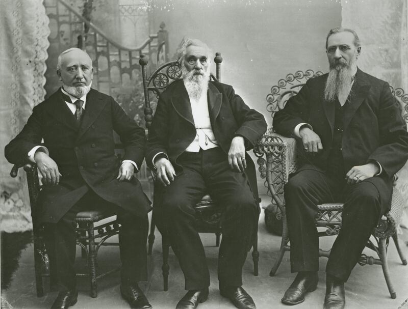 The First Presidency of The Church of Jesus Christ of Latter-day Saints are photographed circa 1900. They are President Lorenzo Snow; President George Q. Cannon, first counselor; and President Joseph F. Smith, second counselor.