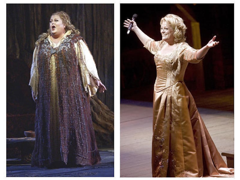 Left, soprano Deborah Voigt performs during a dress rehearsal of "Die Walkure" at the Metropolitan Opera in New York in March 2004. The Royal Opera House fired her four years ago for being too big for the little black dress chosen for the title character