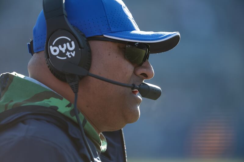BYU coach Kalani Sitake works the sideline during game against the Utah Tech Trailblazers at LaVell Edwards Stadium in Provo.