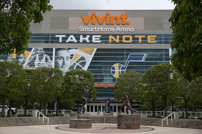 FILE - Signage for the Utah Jazz's NBA playoffs "Take Note" campaign adorn the Vivint Smart Home Arena in Salt Lake City on Thursday, April 20, 2017 ahead of the NBA playoffs games between the Utah Jazz and Los Angeles Clippers.