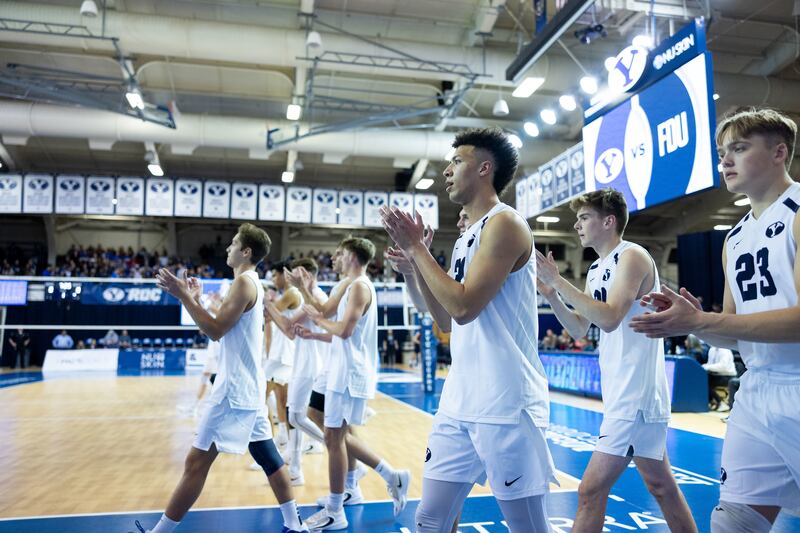 BYU players clap during match against Fairleigh Dickinson on Jan. 20, 2023, at the Smith Fieldhouse in Provo.