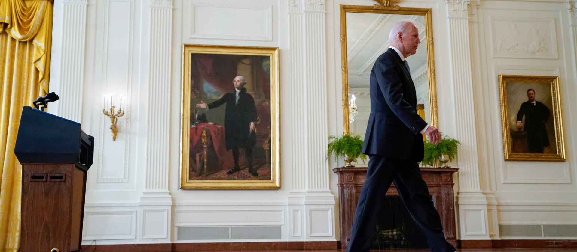President Joe Biden walks from the podium after speaking about Afghanistan from the East Room of the White House on Monday.