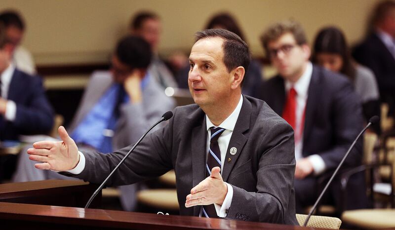 FILE - Rep. Norm Thurston, R-Provo, answers questions during the discussion of HB 67 at the Capitol in Salt Lake City, Thursday, Jan. 28, 2016. State lawmakers are looking to shift liability for the bad actions of drinkers away from bars and restaurants t