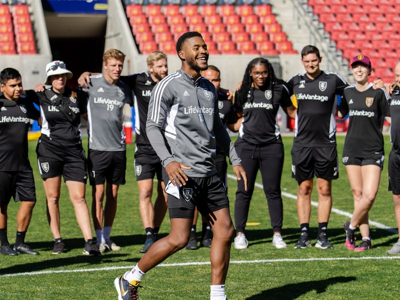 Utah Jazz guard Jared Butler and the rest of the Jazz joined RSL players on the pitch in Sandy on Wednesday, Sept. 21, 2022.