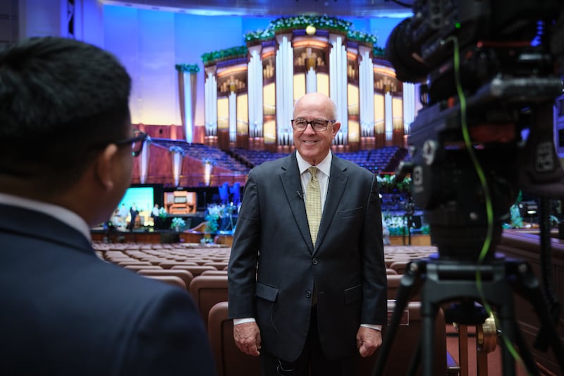 L. Whitney Clayton of the Tabernacle Choir presidency speaks to journalists at a news conference regarding the 5,000th episode of “Music & the Spoken Word” in the Conference Center in Salt Lake City on July 11, 2025.