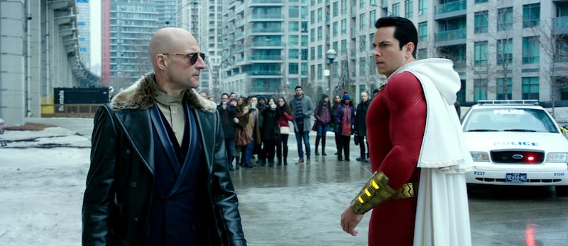Mark Strong as Dr. Thaddeus Sivana and Zachary Levi as Shazam in New Line Cinema's action adventure "Shazam!," a Warner Bros. Pictures release.