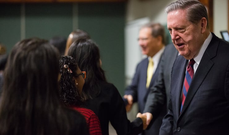 Elder Jeffrey R. Holland greets missionaries at the Brazil MTC in May 2016.