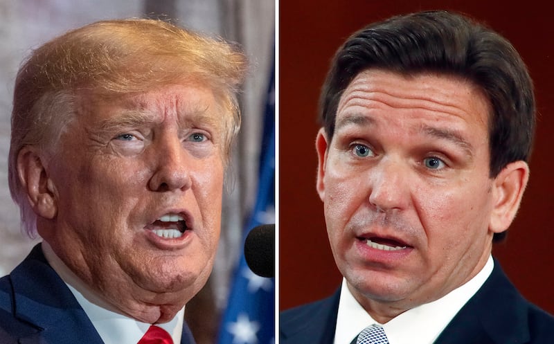 This combination of the photos shows former President Donald Trump, left, and Florida Gov. Ron DeSantis, right.