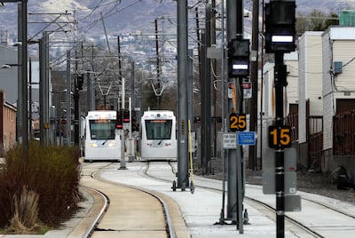 Two S-Line streetcars pass through the newly completed double track area of the line near 2200 South and 300 East in Salt Lake City on Friday, April 5, 2019. With the double track construction project completed, a streetcar will be available every 15 minu