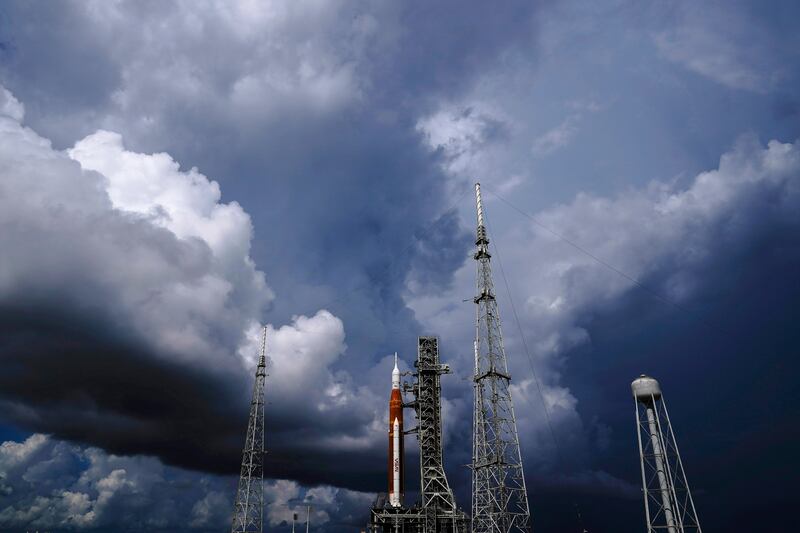 The NASA moon rocket stands on Pad 39B at the Kennedy Space Center on Sept. 2, 2022, in Cape Canaveral, Florida.