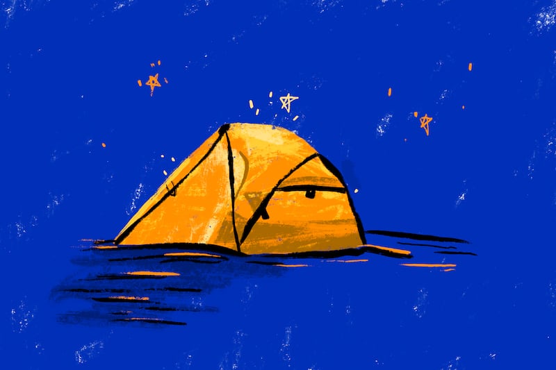 An illustration shows a camping tent.