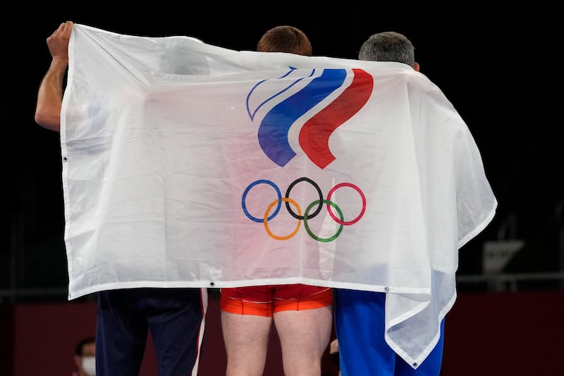 Russian Olympic Committee’s Evloev Musa celebrates at the 2020 Summer Olympics in Chiba, Japan.
