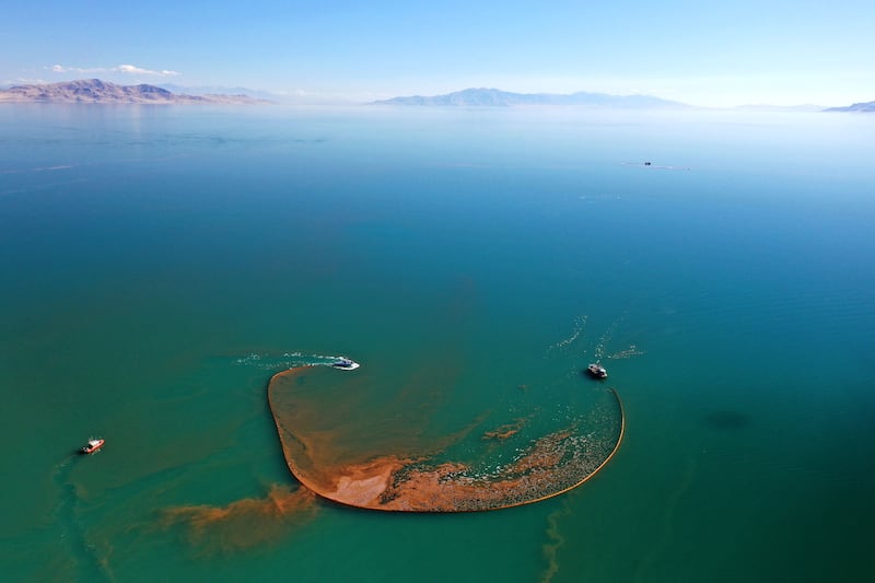 Crews work during the brine shrimp harvest on Oct. 17, 2023.