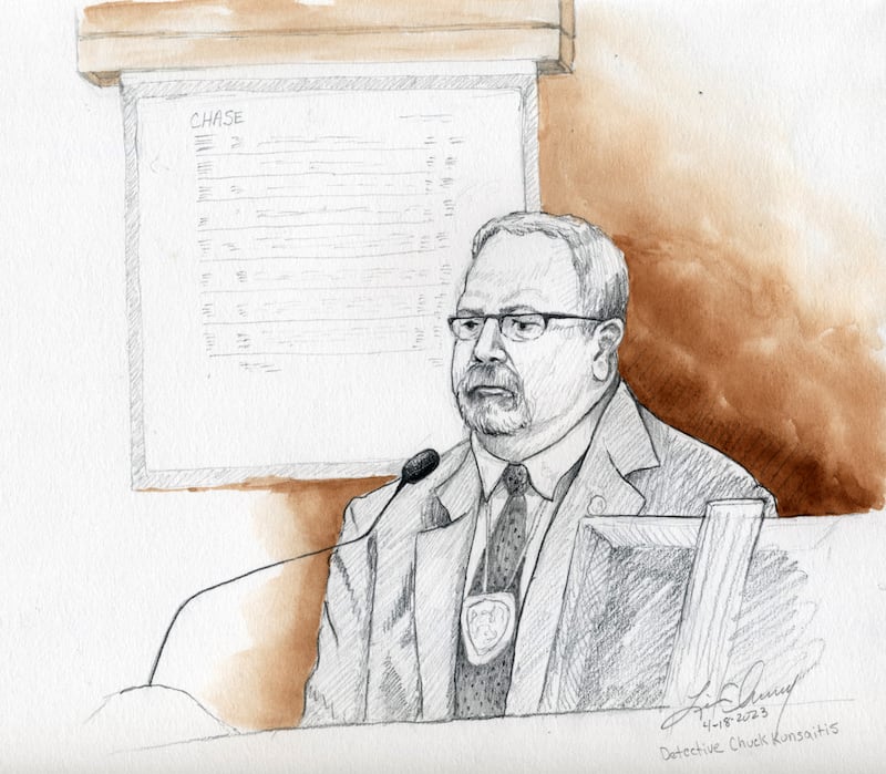 Rexburg police detective Chuck Kunsaitis testifies in Lori Vallow Daybell murder trial in Boise on Wednesday.