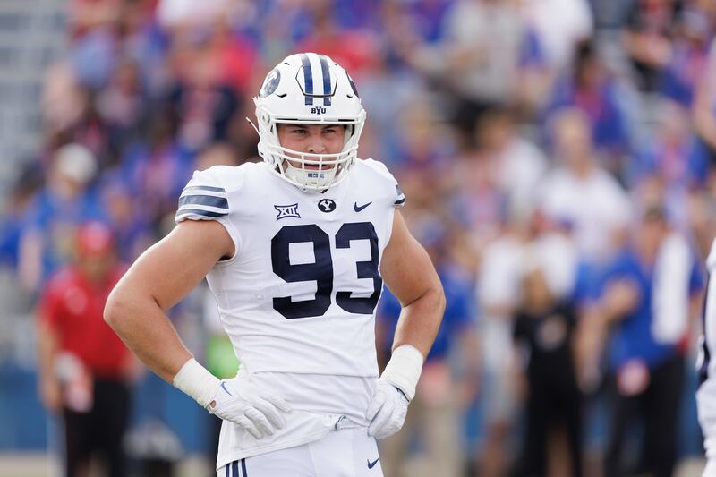 BYU defensive lineman Blake Mangelson looks on during the Cougars' first-ever Big 12 football game on September 23, 2023.