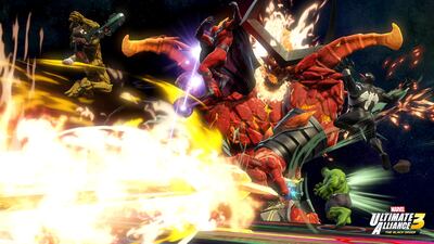 Rocket Raccoon, Magneto, Hulk and Venom fight against Surtur in "Marvel Ultimate Alliance 3."