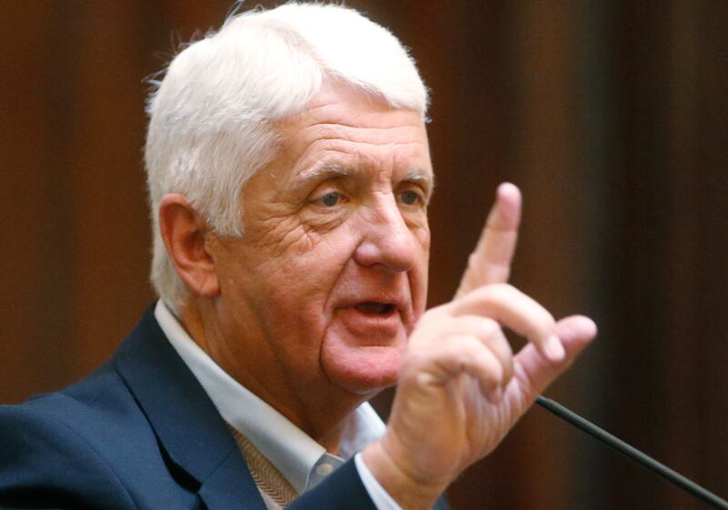 FILE - In this Feb. 12, 2018, file photo, House Natural Resources Committee Chairman Rep. Rob Bishop, R-Utah., speaks on the Senate floor at the Utah State Capitol in Salt Lake City.