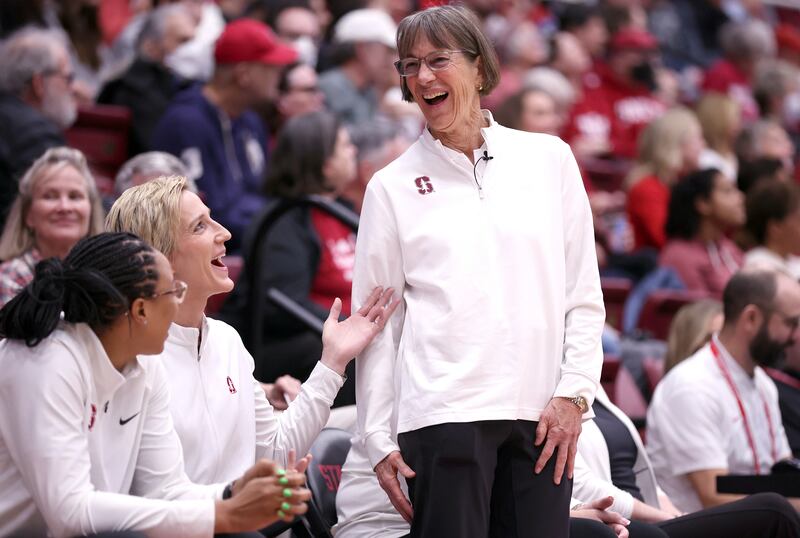 Stanford head coach Tara VanDerveer reacts to seeing former player Ros Gold-Onwude in the crowd before playing Oregon State.