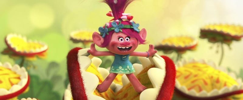 Troll princess Poppy (voiced by Anna Kendrick) bursts into song in DreamWorks Animation’s “Trolls.”