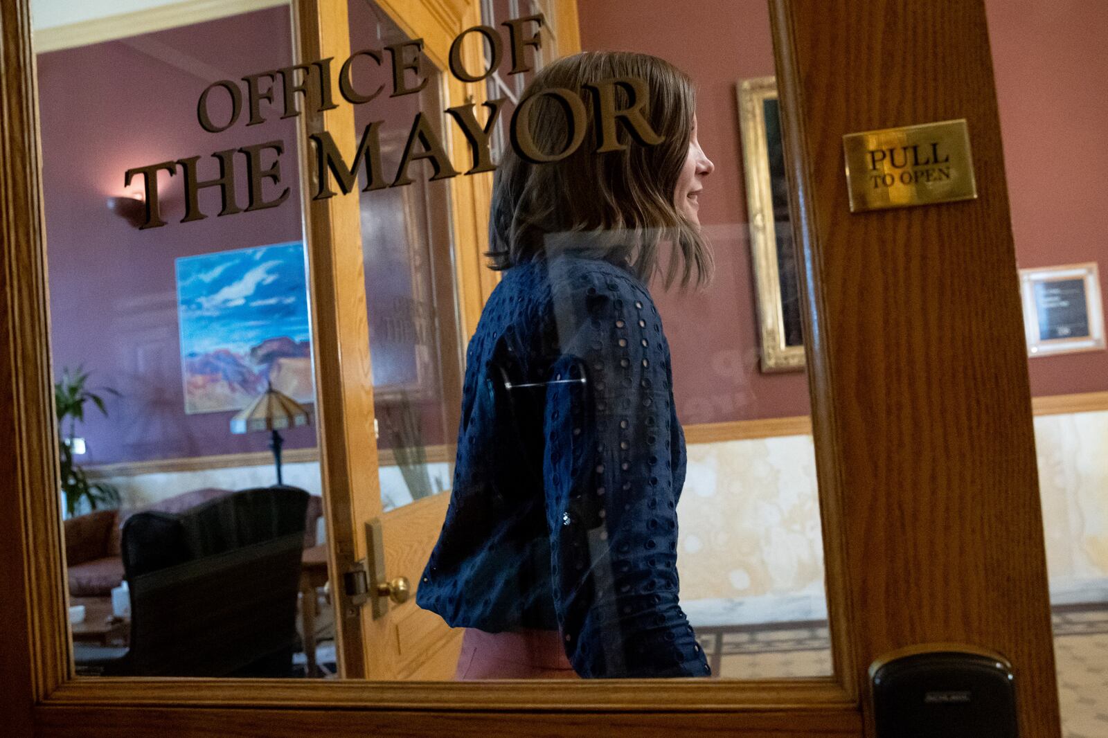 Salt Lake City Mayor Erin Mendenhall arrives at a press conference at the Salt Lake City-County Building.