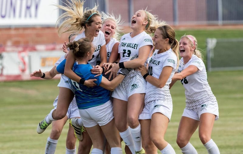 The Utah Valley University women's soccer team celebrates winning the WAC Tournament. The team will take on top-seeded Stanford at the NCAA Tournament on Saturday night in California.