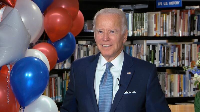 In this image from video, Democratic presidential candidate former Vice President Joe Biden smiles after the roll call vote during the second night of the Democratic National Convention on Tuesday, Aug. 18, 2020.